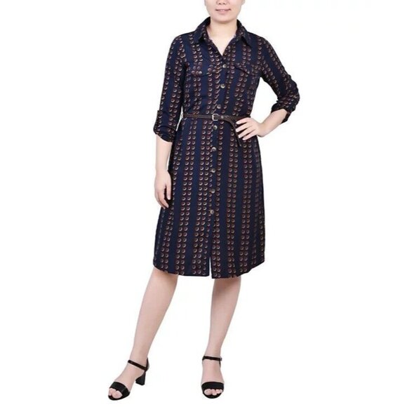 Ny Collection Women's 1X Size 3/4 Roll Tab Sleeve Shirtdress, Navy, NWT - Picture 1 of 8
